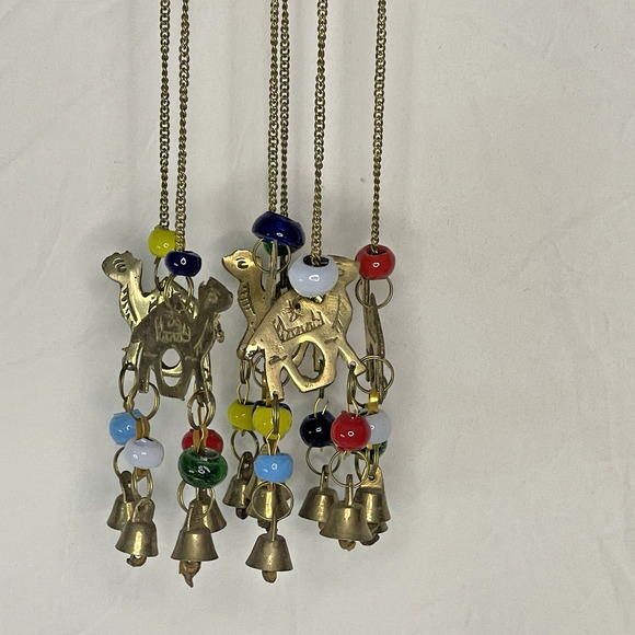 Vintage Dome Hanging Wind Chime Brass Camel Beaded Accents Bohemian Style Decor - Picture 3 of 10